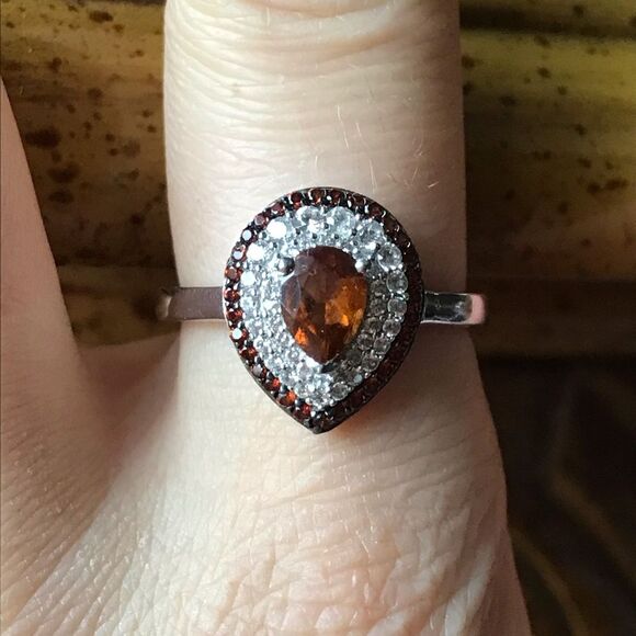 Natural Orange Garnet Sterling Silver Teardrop Ring Size 9 - Picture 1 of 9